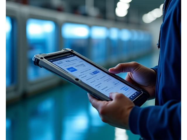 Technician monitoring dissolved oxygen levels on a tablet in a Cape Breton aquaculture tank