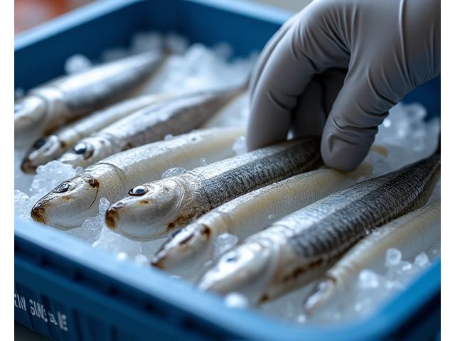 Close-up of freshly packed lobster bait (herring) on ice, ready for transport, with a gloved hand indicating quality.