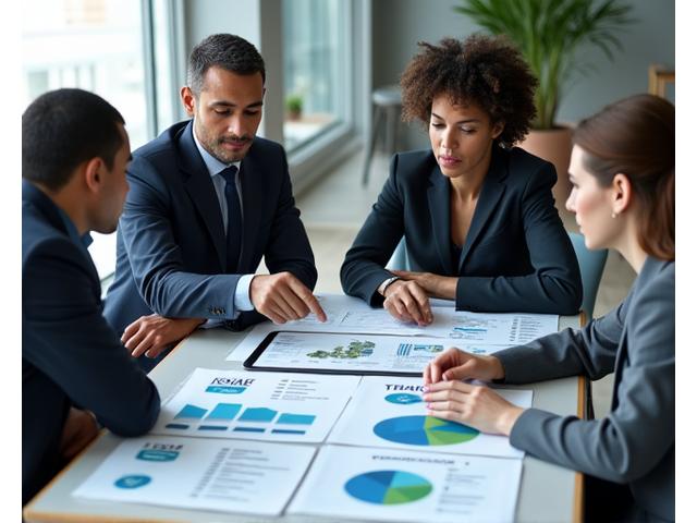 A clean, modern office setting with people reviewing sustainability reports and certification documents, displaying environmental logos like MSC or similar certifications.