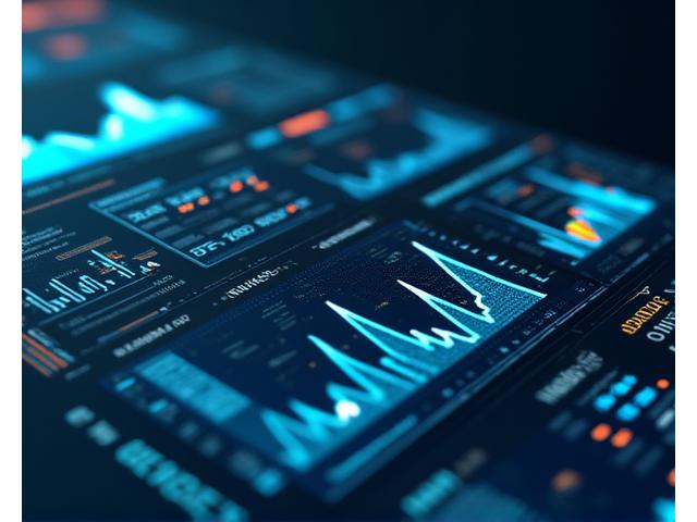 High-resolution digital dashboard displaying aquaculture data points like water temperature, oxygen levels, feed consumption, and fish growth, with clean graphs and a modern UI
