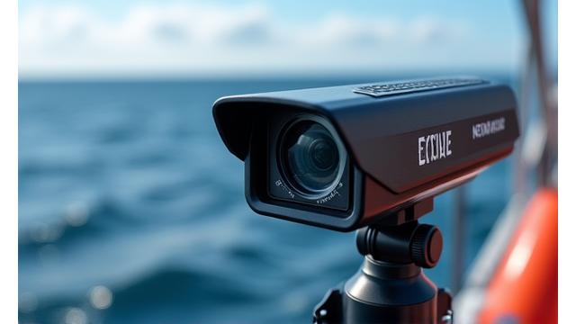 High-tech remote electronic monitoring camera system mounted on a fishing vessel, capturing clear footage of fishing operations