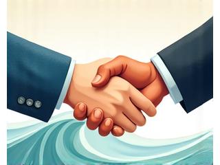 Abstract depiction of two hands shaking over a stylized ocean wave, symbolizing collaborative resolution and legal pathways in maritime disputes.
